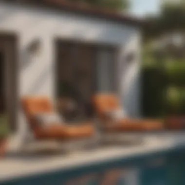 Stylish outdoor patio featuring tan lounge chairs