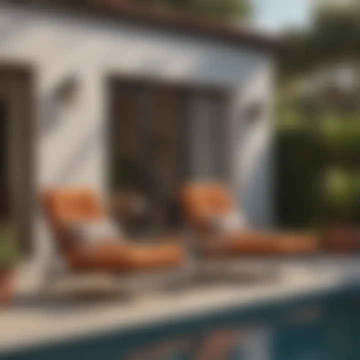Stylish outdoor patio featuring tan lounge chairs