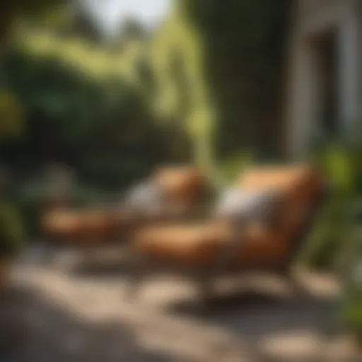 Elegant tan outdoor lounge chair set in a lush garden