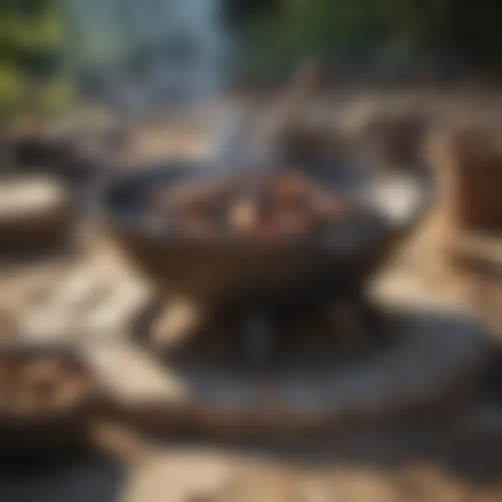 A well-equipped firepit with various tools and cookware for outdoor cooking