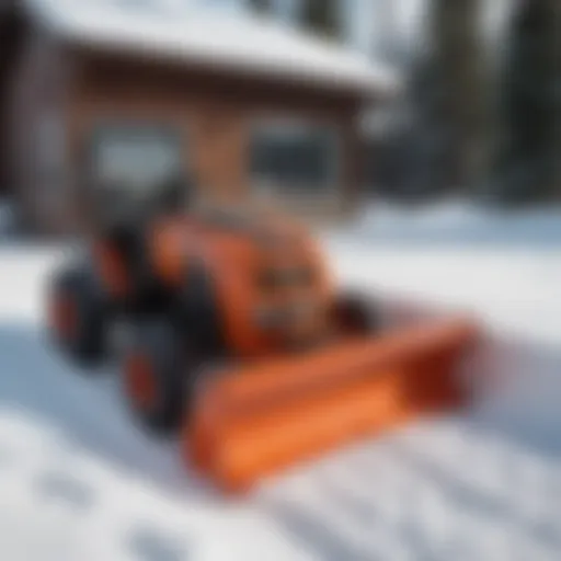 A telescopic roof rake extended to remove snow from a sloped roof