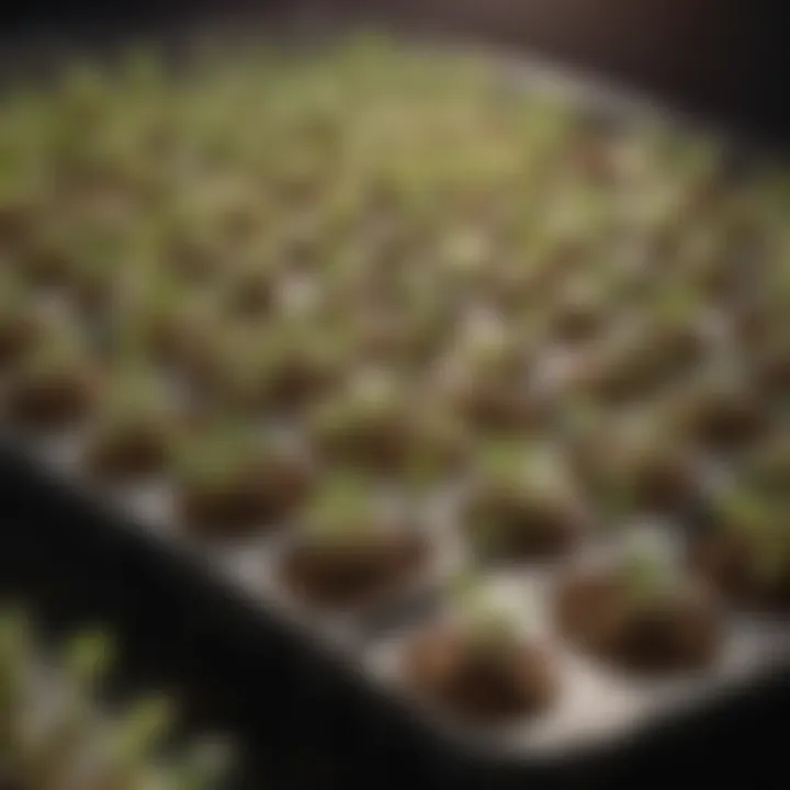 Close-up of seeds germinating in Jiffy trays
