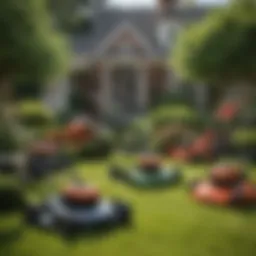 A variety of yard trimmers displayed together, showcasing different designs and styles.