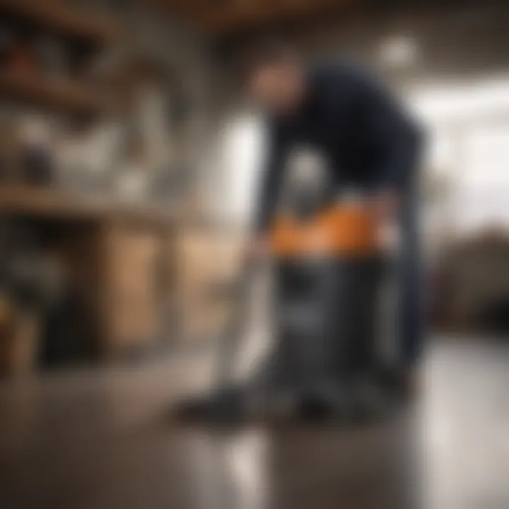A user demonstrating the versatility of a shop vac in a workshop environment.