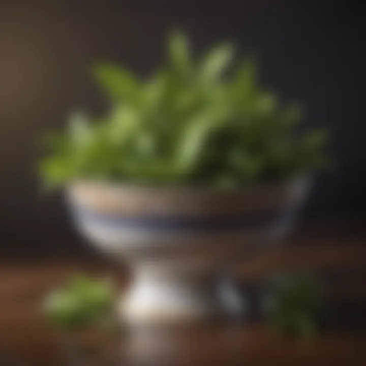 Green tea leaves in a porcelain bowl