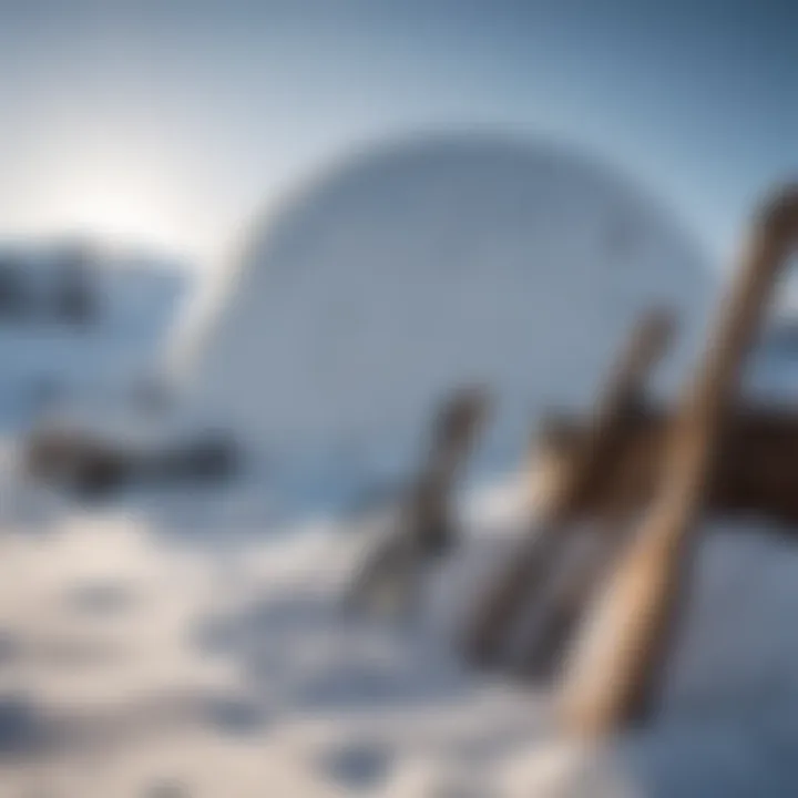 Traditional igloo construction tools on snowy landscape