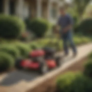 Troy-Bilt Gas Powered Edger in Use Troy-Bilt Gas Powered Edger with user in a landscaped garden