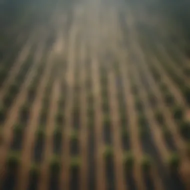 Aerial view of tree farm showcasing various tree sprayers in operation