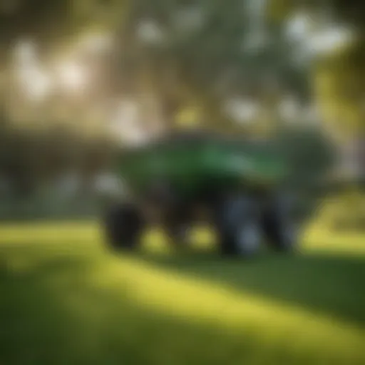 Illustration of a broadcast spreader in use on a lush green lawn