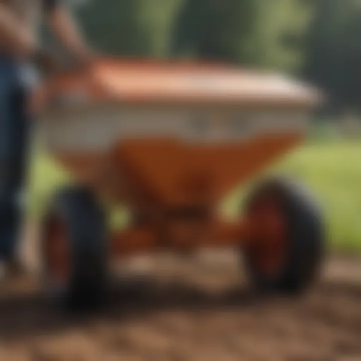 Close-up of a drop spreader distributing seeds evenly on the ground
