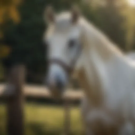 Magnificent white horse against non-climb fence background