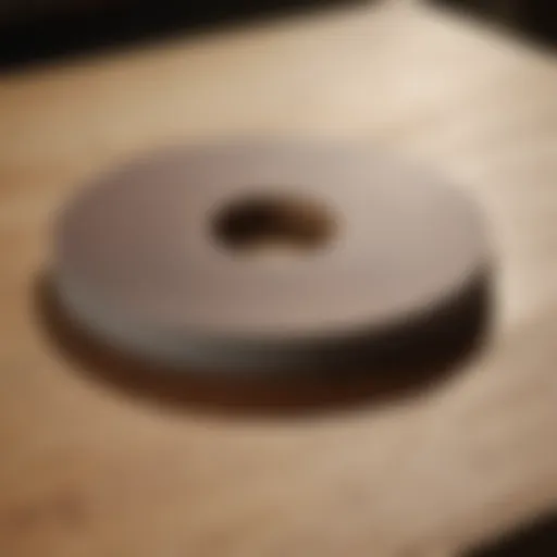 A close-up of a sandpaper grinding disc on a wooden surface