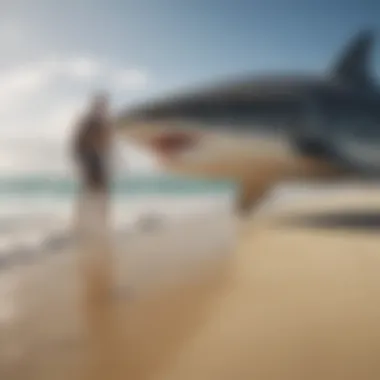 Illustration of beachgoers following safety measures to prevent shark attacks