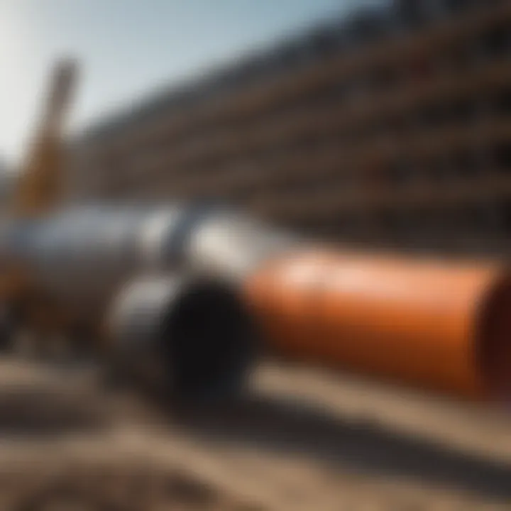 Four-foot diameter plastic pipe installation in a construction site with heavy machinery