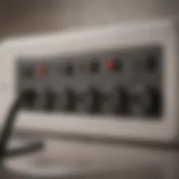 Detailed view of an 8 outlet power strip highlighting safety features