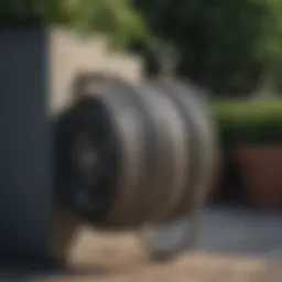 Stylish hose holder container in a garden setting