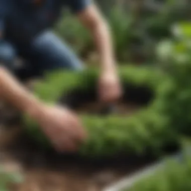 A step-by-step visual guide showing the installation of plastic plant support rings in a garden bed.