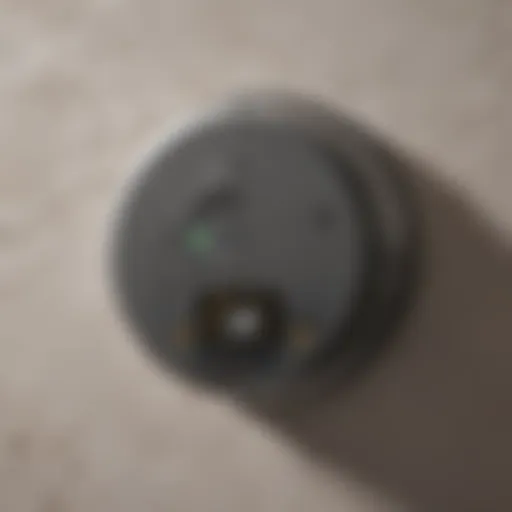 Detailed View of Round Carbon Monoxide Detector Close-up view of a round carbon monoxide detector on a wall