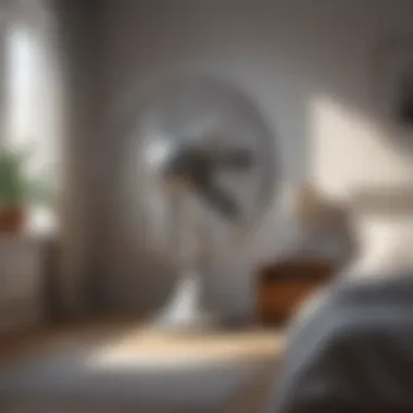 Quiet Operation of a Silver Tower Fan in a Bedroom A silver tower fan operating quietly in a cozy bedroom environment.