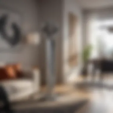 Modern Silver Tower Fan in a Stylish Setting Sleek design of a modern silver tower fan enhancing a contemporary living room.