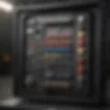 Detailed view of a four-space breaker box components