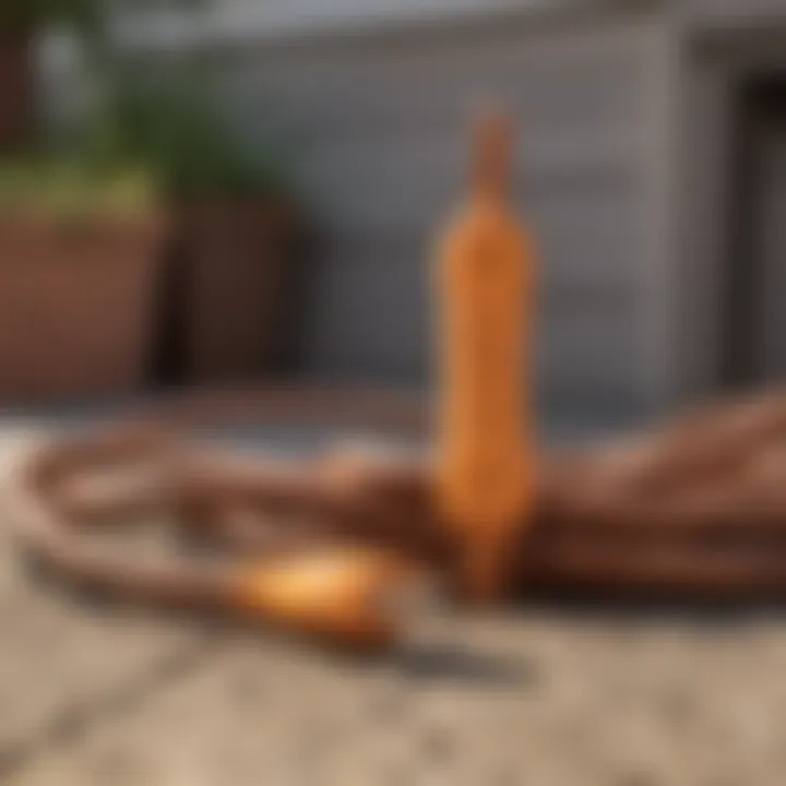 Safety features of the brown outdoor extension cord highlighted with icons
