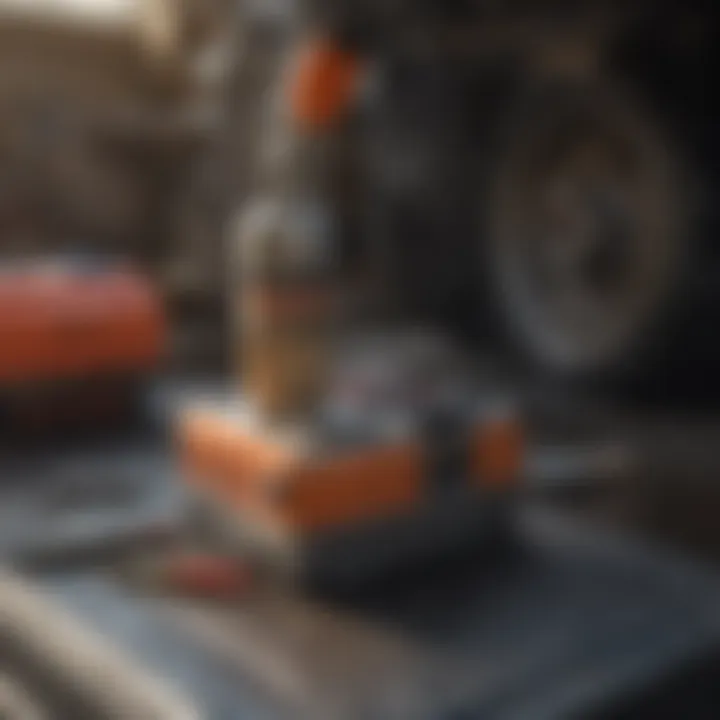 Maintenance tools for tractor battery terminals including cleaning brushes and protective gear