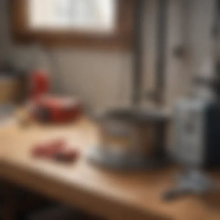 Maintenance tools and equipment for water heater leak pans displayed on a workbench.