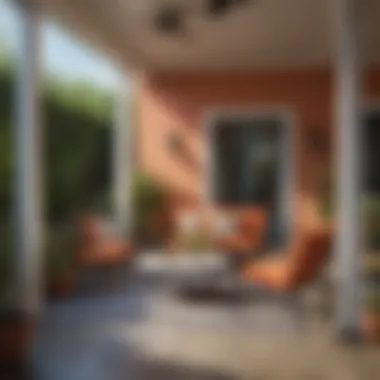 Stylish patio furniture with vibrant paint backdrop