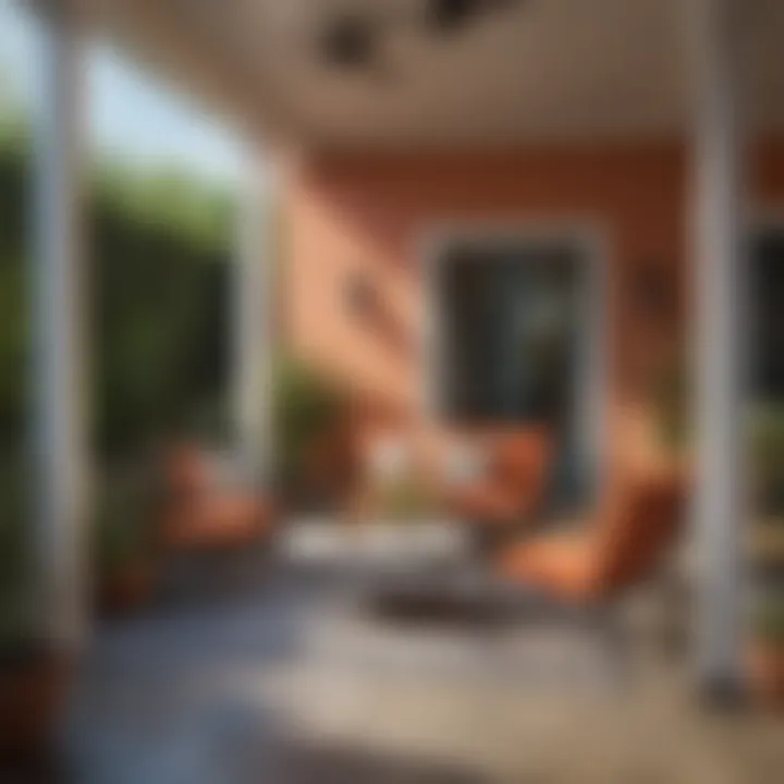 Stylish patio furniture with vibrant paint backdrop