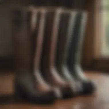 Variety of hunting muck boots lined up in a row