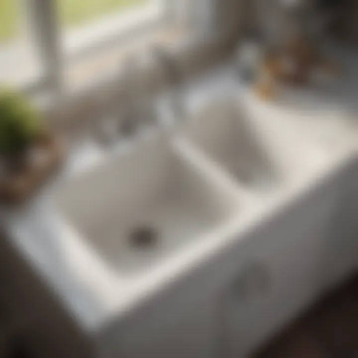 Organized Maintenance of Laundry Tub Sink A well-maintained laundry tub sink with organized cleaning supplies nearby
