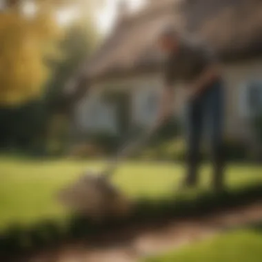 Gardener using a thatching rake to remove thatch from lawn