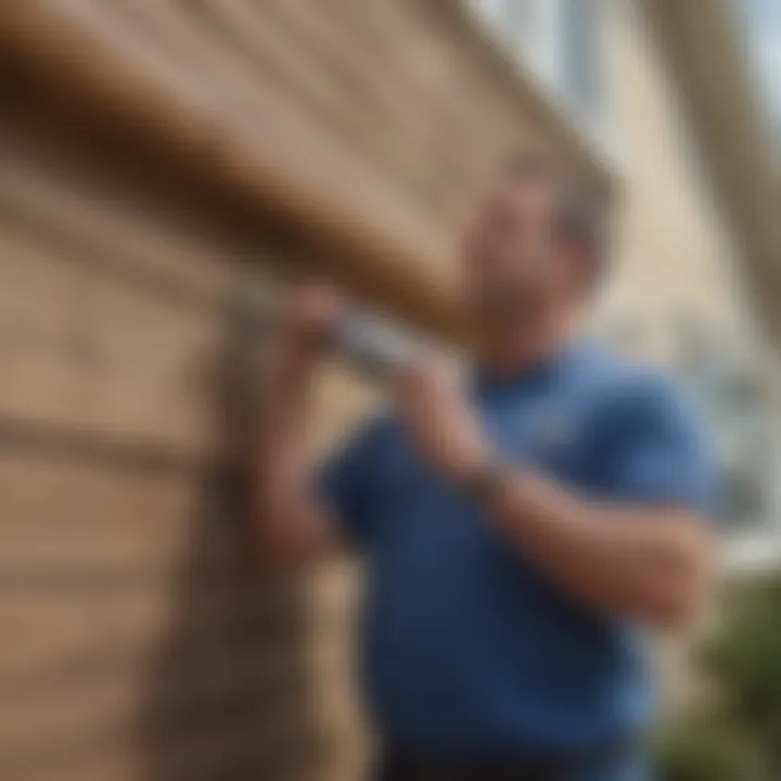 A professional inspecting the installation of vinyl siding fascia on a residential property.