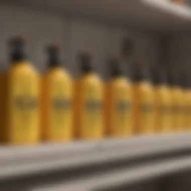 Various wasp and hornet spray bottles lined up on a shelf