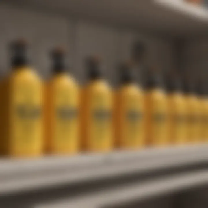 Various wasp and hornet spray bottles lined up on a shelf