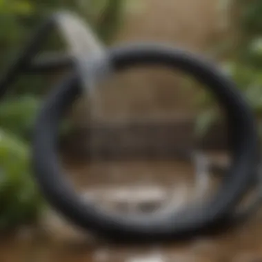 Flowing Water Through a 6-Foot Black Garden Hose Close-up of water flowing through a 6-foot black garden hose