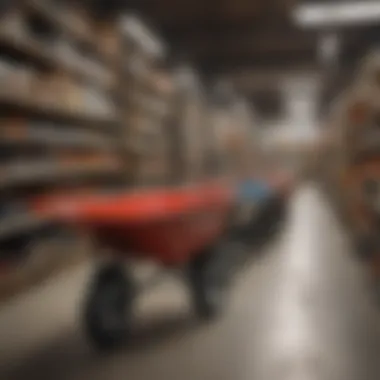 Local hardware store displaying variety of wheelbarrows