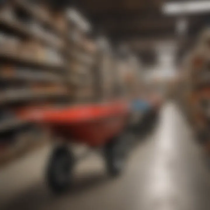Local hardware store displaying variety of wheelbarrows