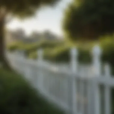 Elegant White Fence Enhanced with Valspar Paint White fence with Valspar paint surrounded by lush greenery