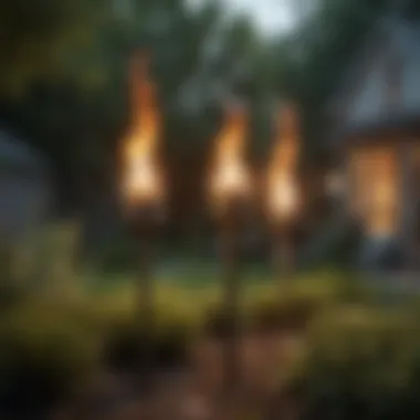 Multiple yard torches aligned in a garden